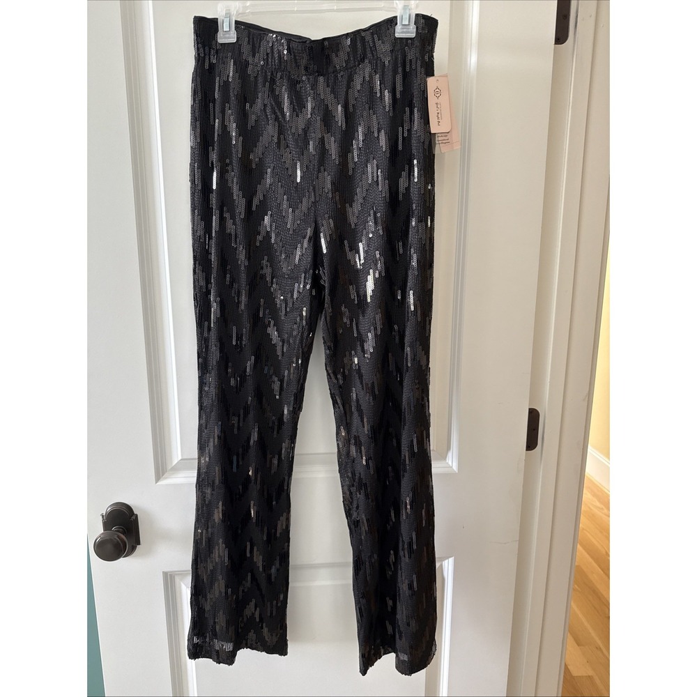 Nanette Lepore‎ VERY BLACK Girls Night Out Chevron Sequin Pants Size L NWT